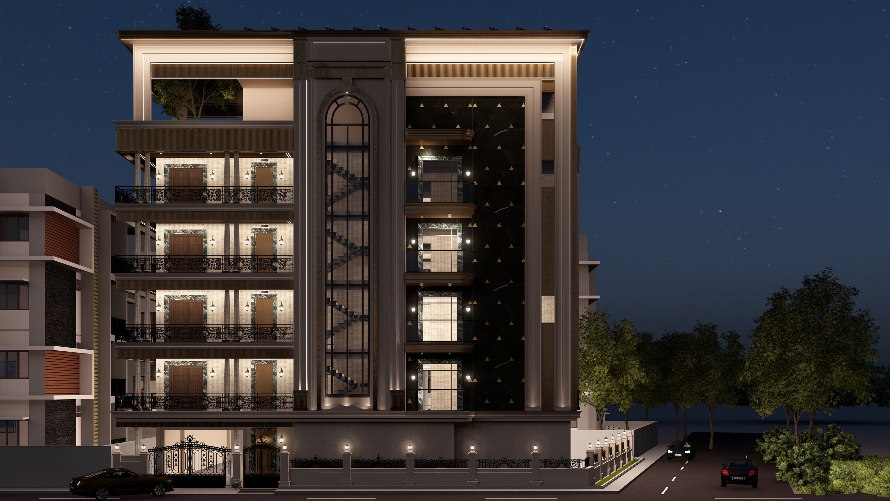 The same elevation lit at dusk.