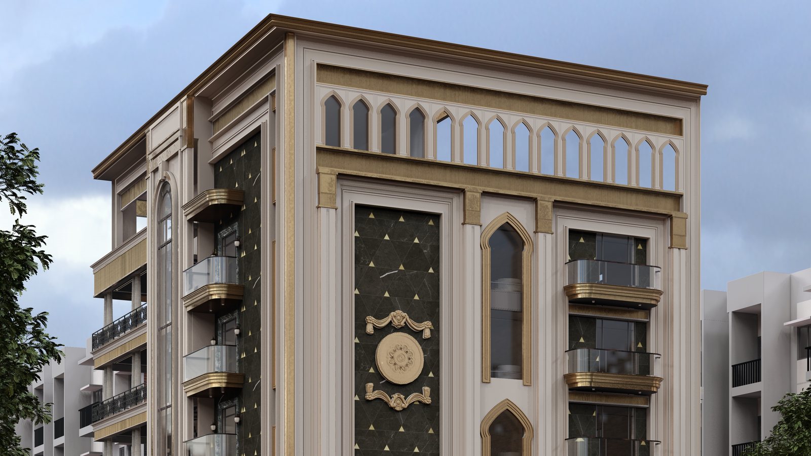 The central bay, an arched screen and a carved medallion.