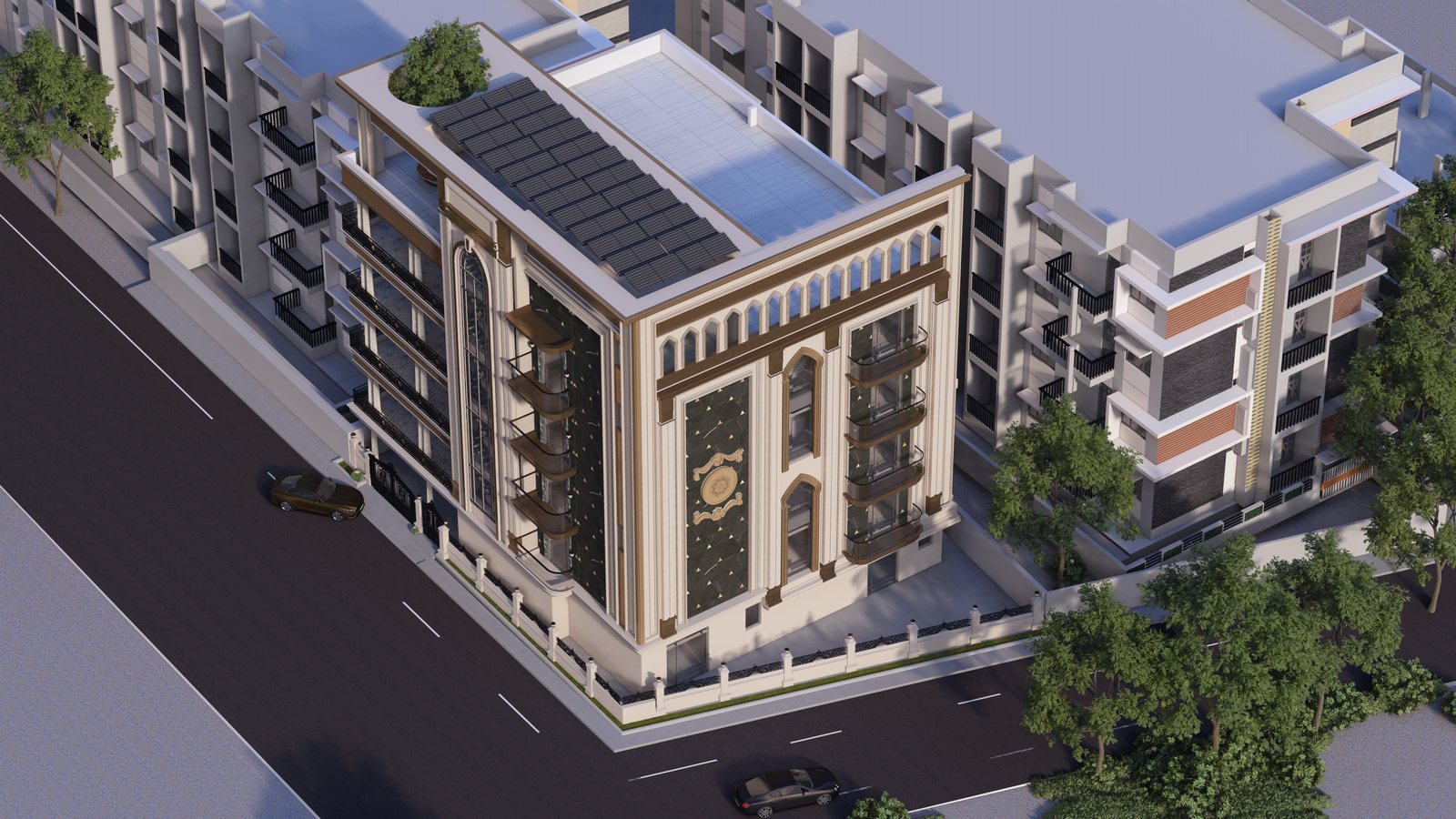 From above, the house among its neighbours.