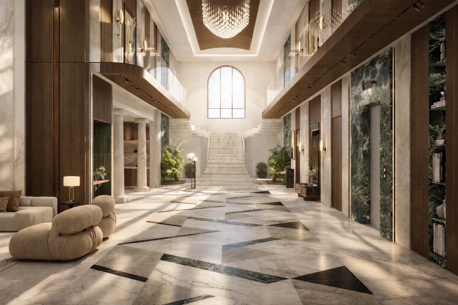 The grand double-height hall and its stair.