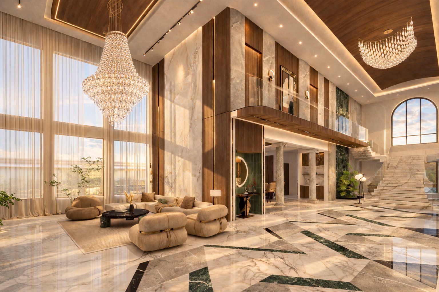 The living room under a cascading chandelier.