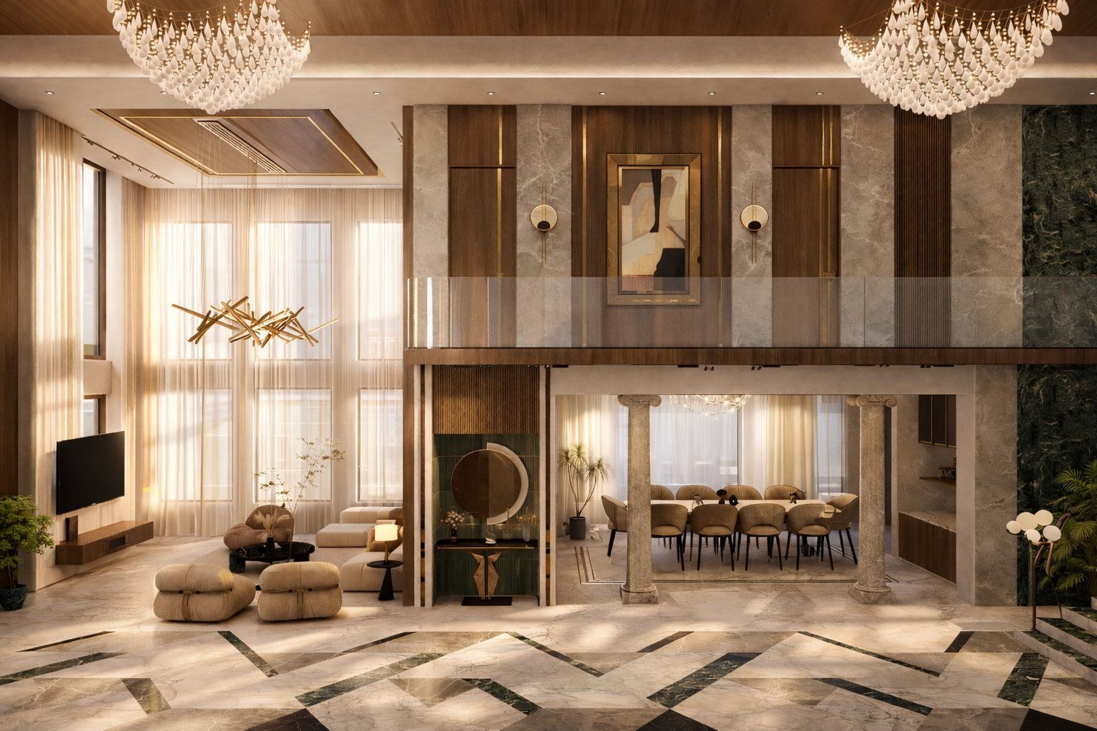 Living and dining held under the mezzanine.