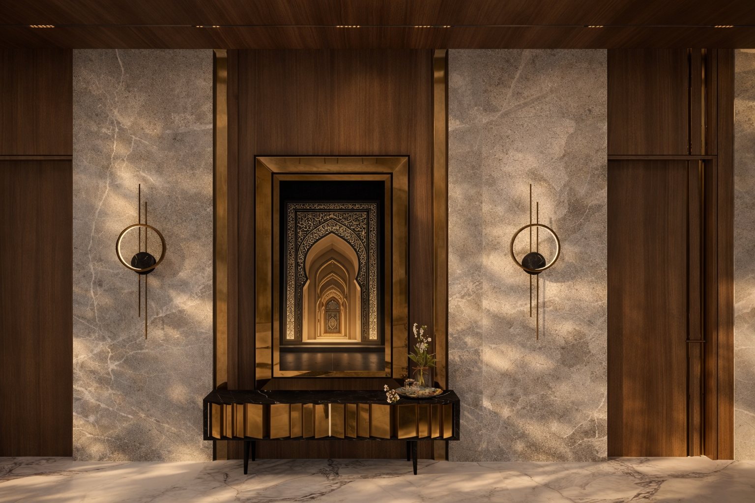 An arched, gilded feature wall in the lobby.