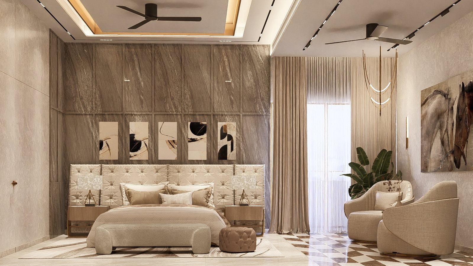 The first master suite, warm timber and stone.