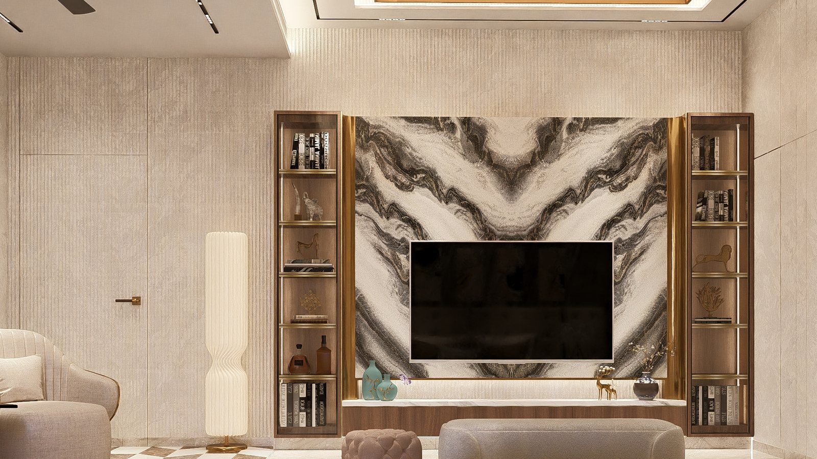 Its media wall in book-matched marble.