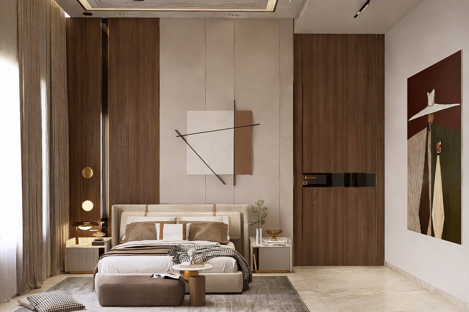 Bedroom one, calm in cream and walnut.