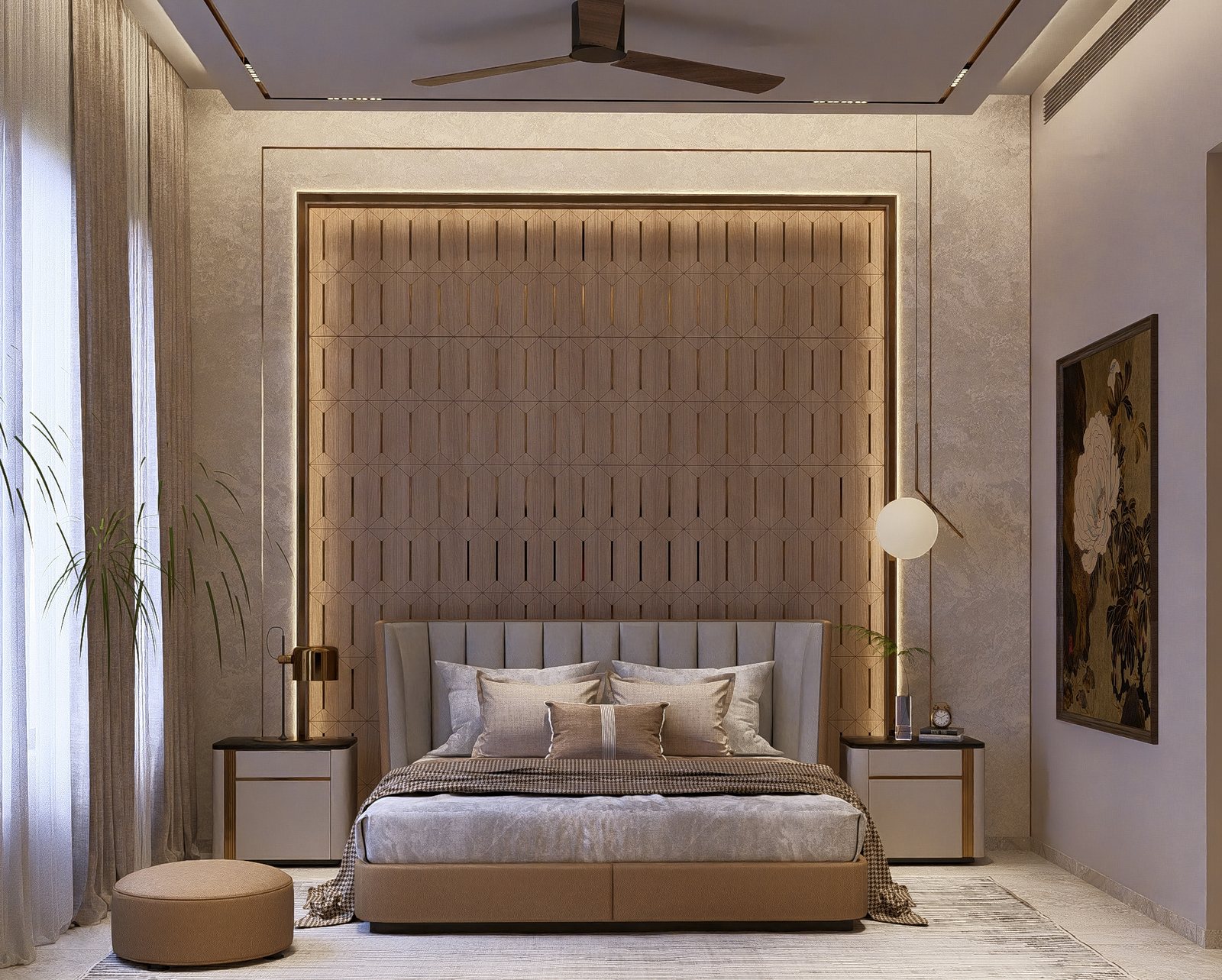 Bedroom two, a tall upholstered headboard.