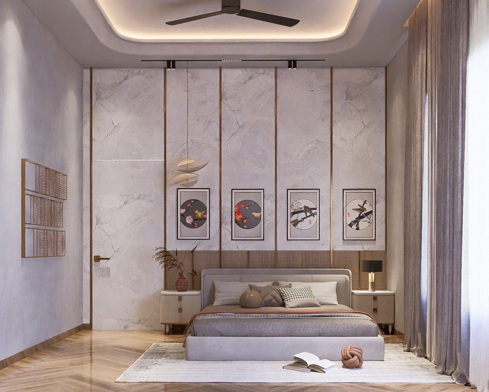 Bedroom three, framed art on marble.