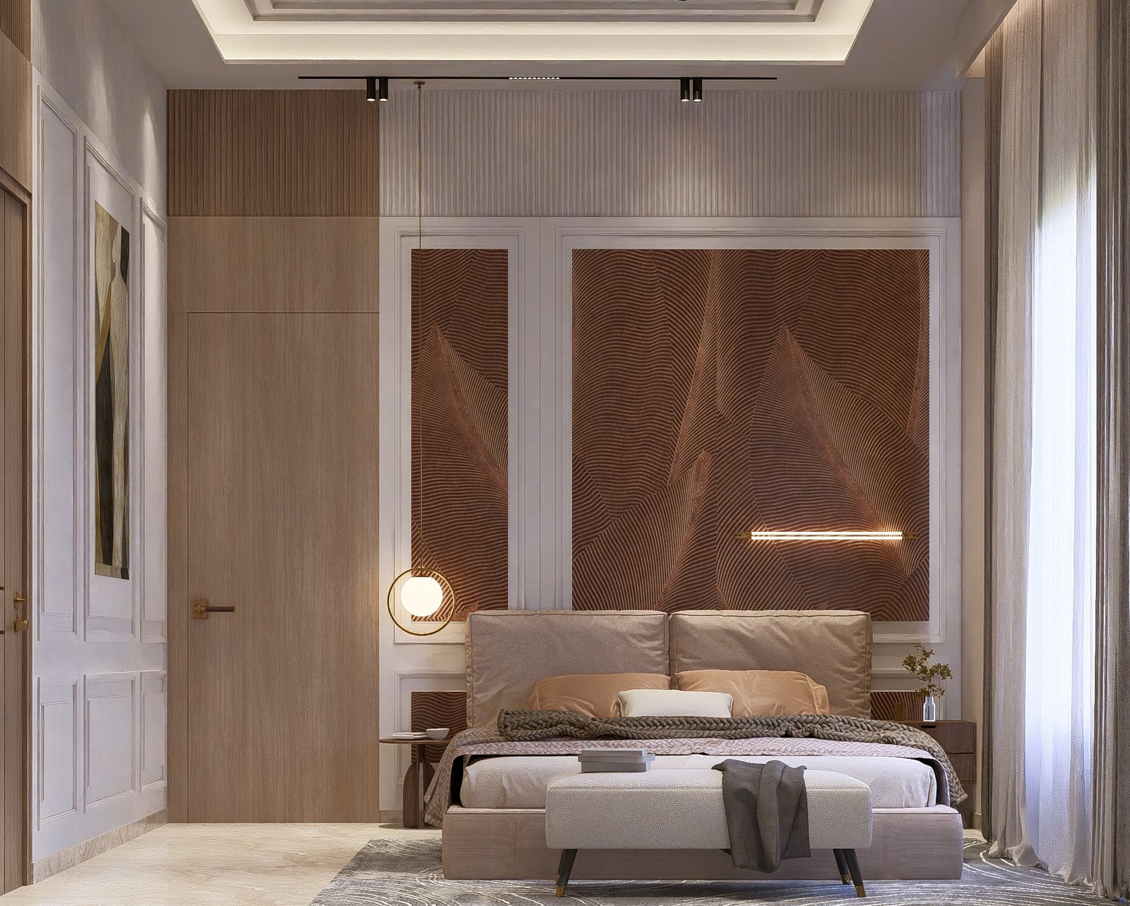 Bedroom five, a terracotta panel behind the bed.