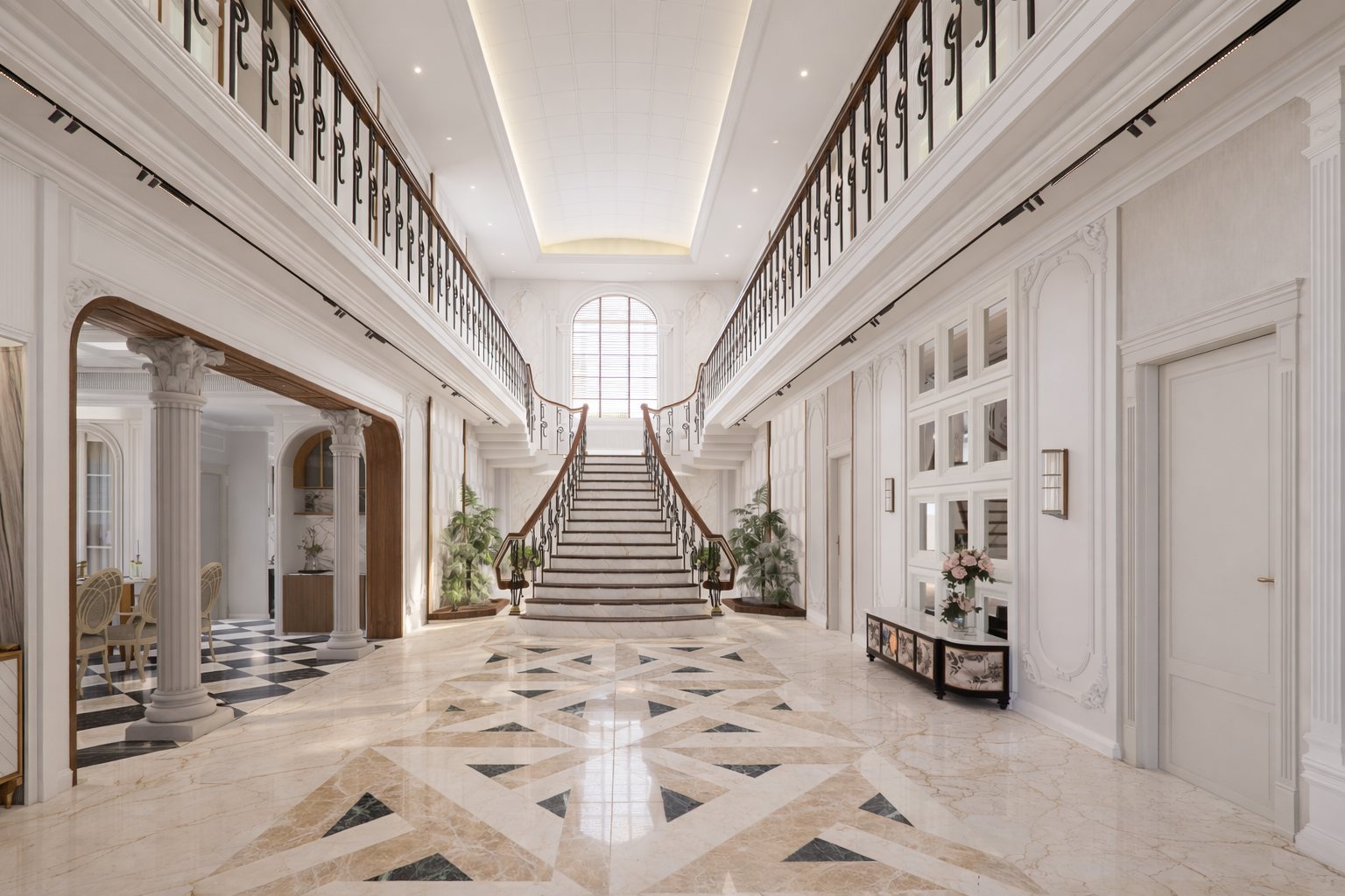 The gallery corridor, checkered marble to the stair.