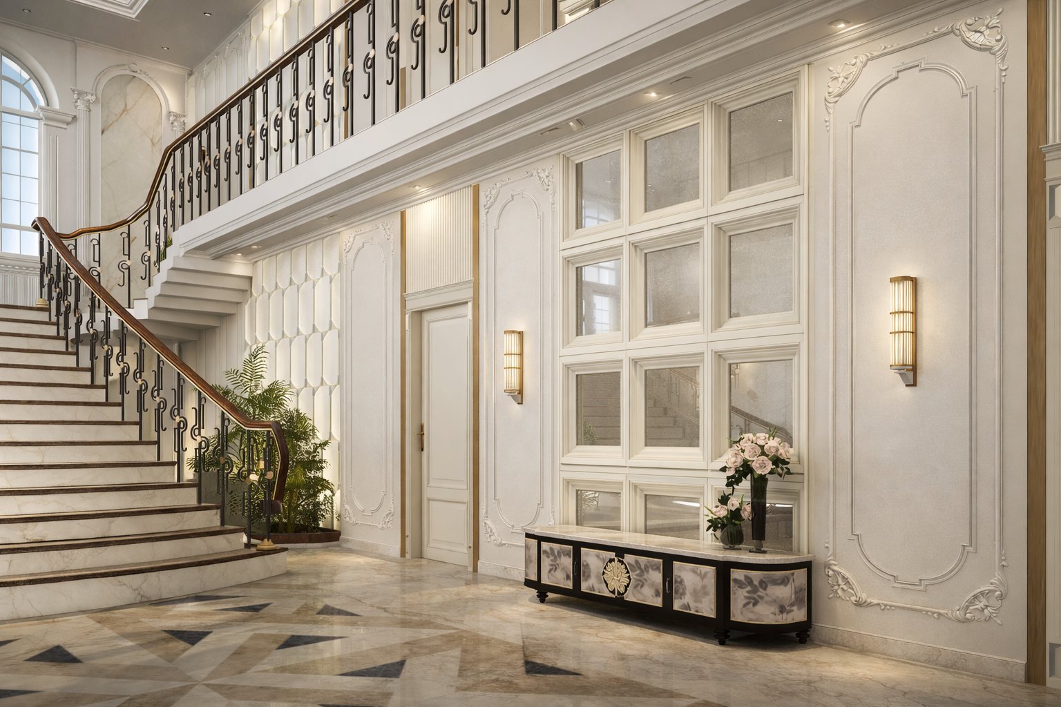 The sweeping neoclassical staircase.