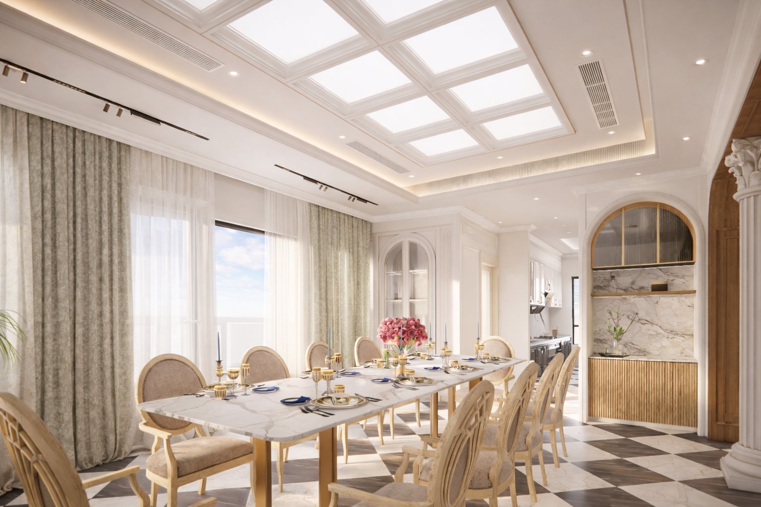 The dining room under a coffered skylight.