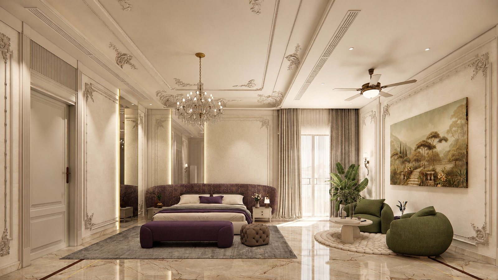 The upper master, a purple bed under a chandelier.