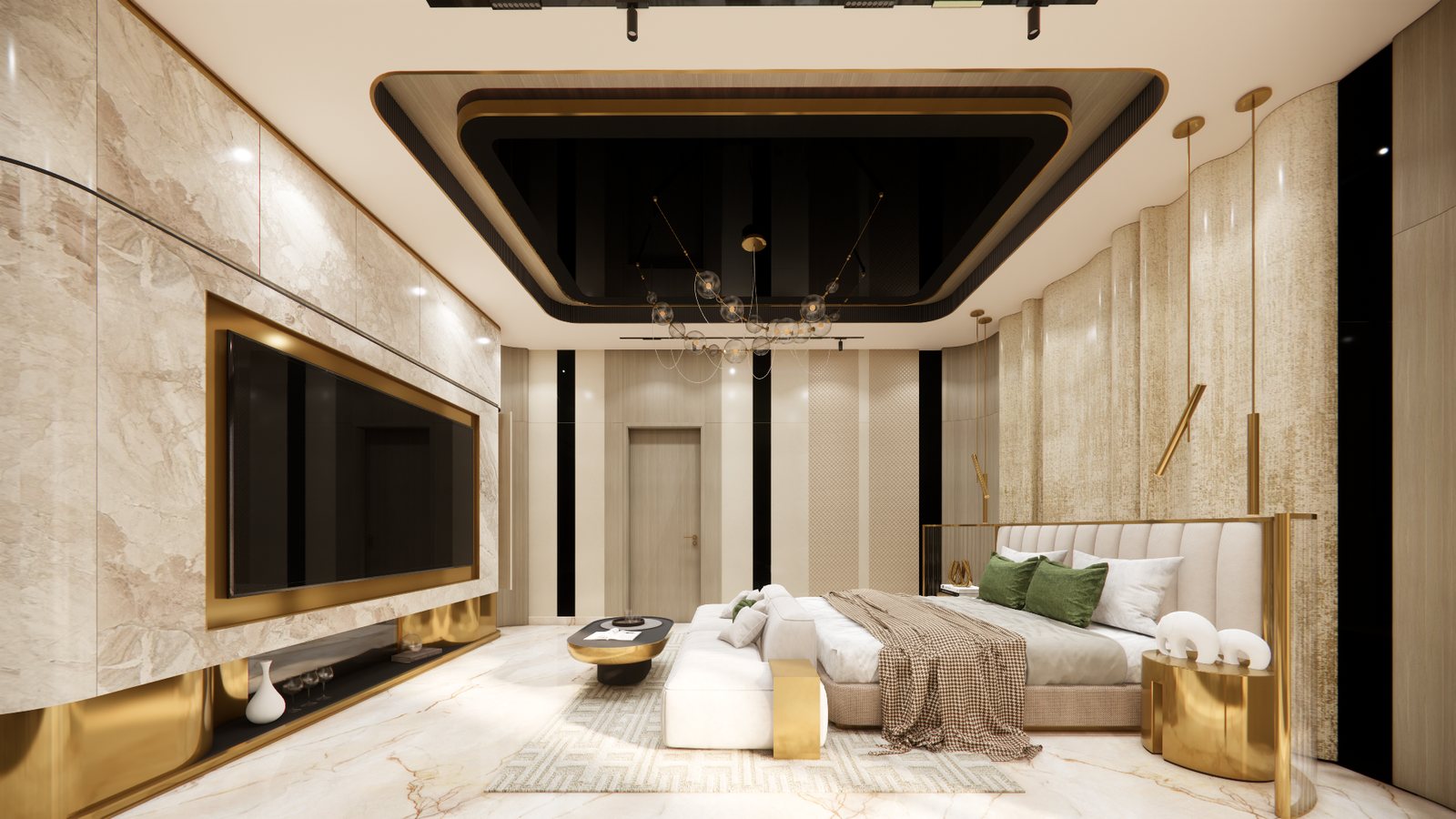 Its media wall framed in brass and marble.