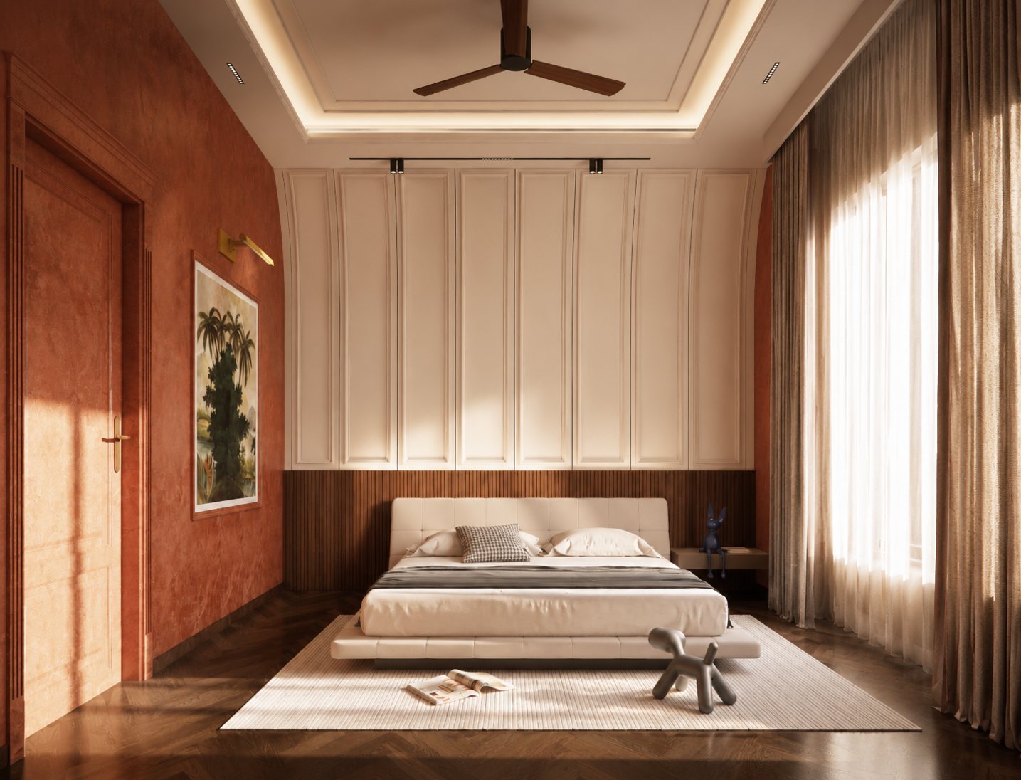 Bedroom three, warm in terracotta.