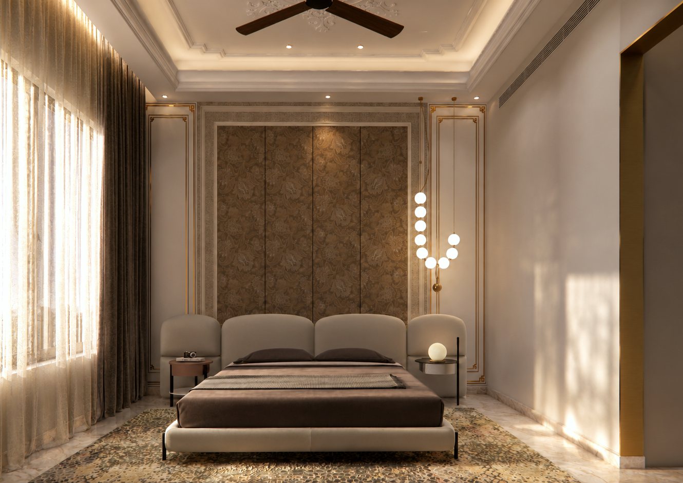 Bedroom four, an upholstered feature wall.