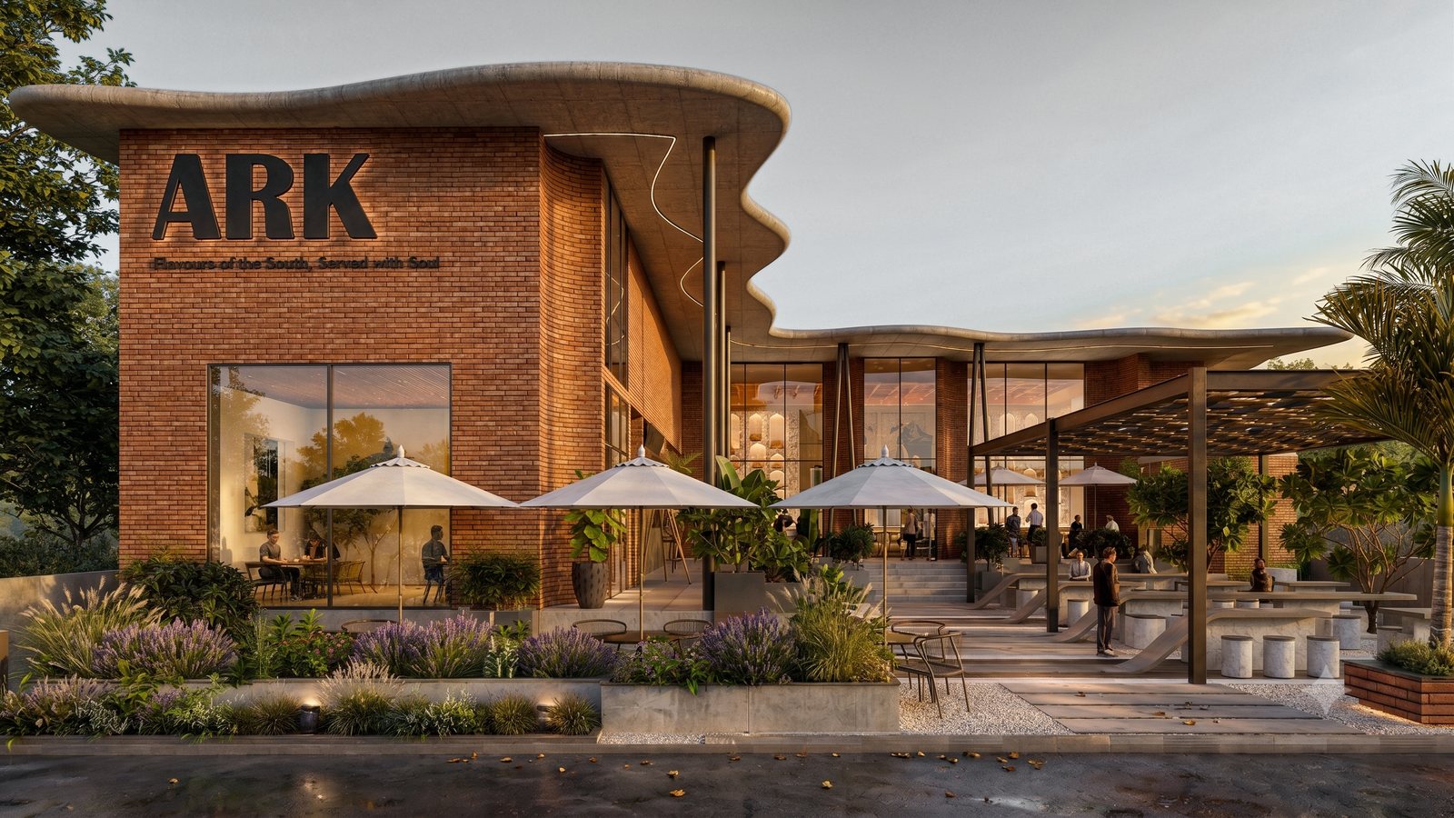 ARK, the brick restaurant under its wave roof.