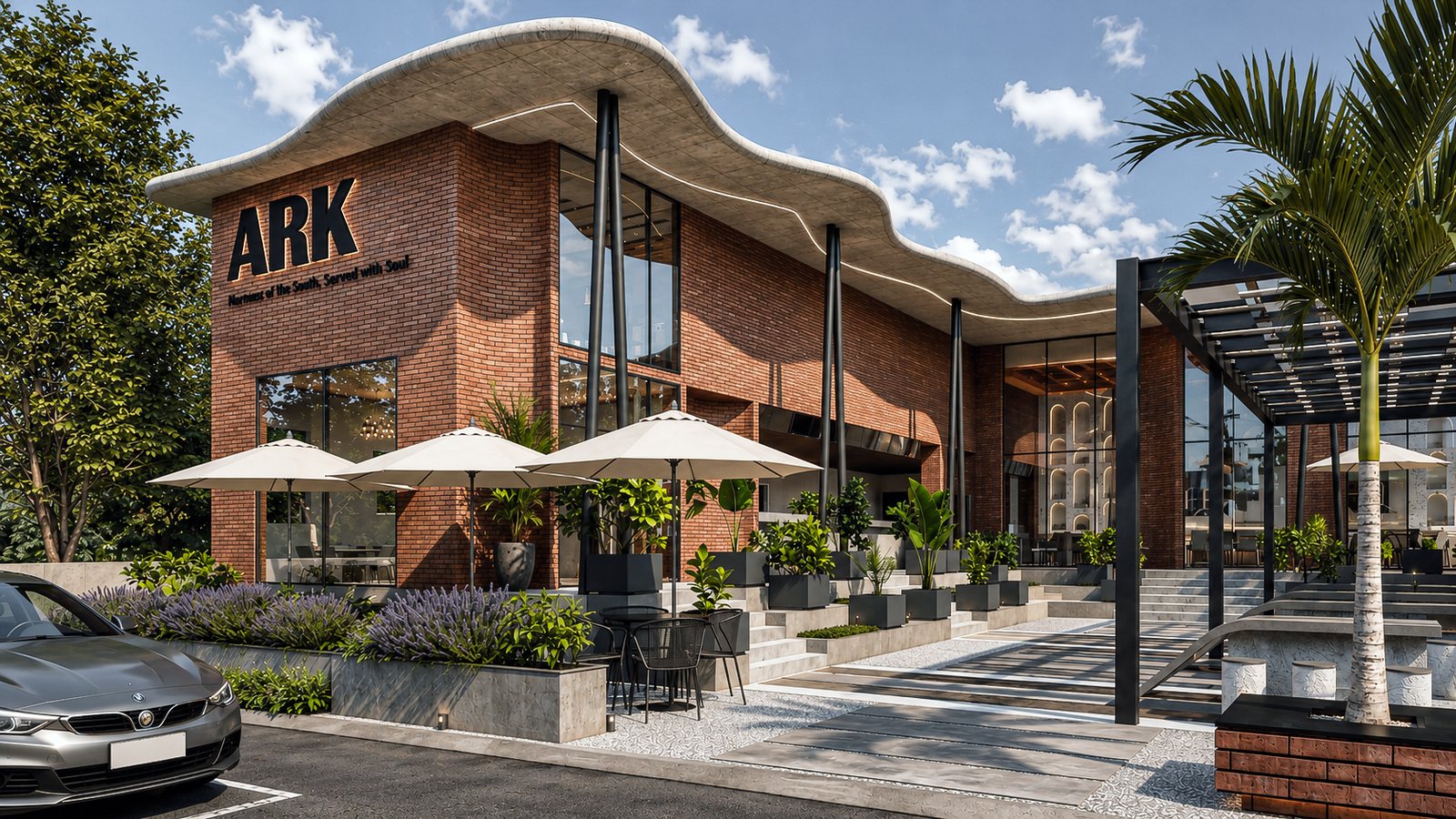The terrace and entrance at golden hour.