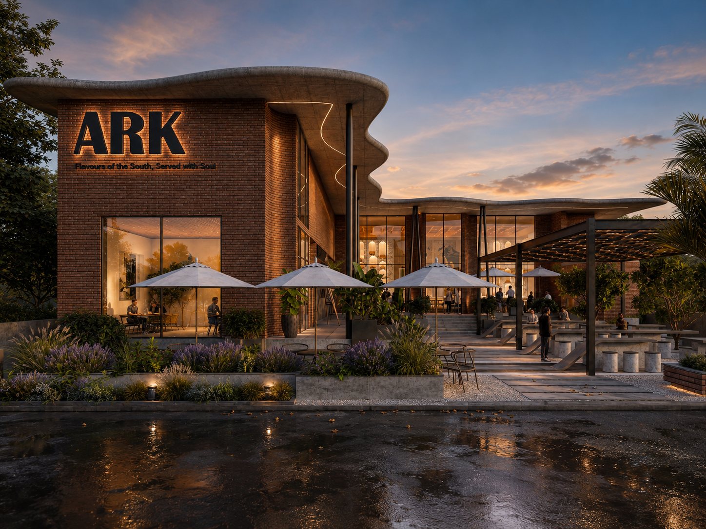 Dusk, the forecourt mirrored after rain.
