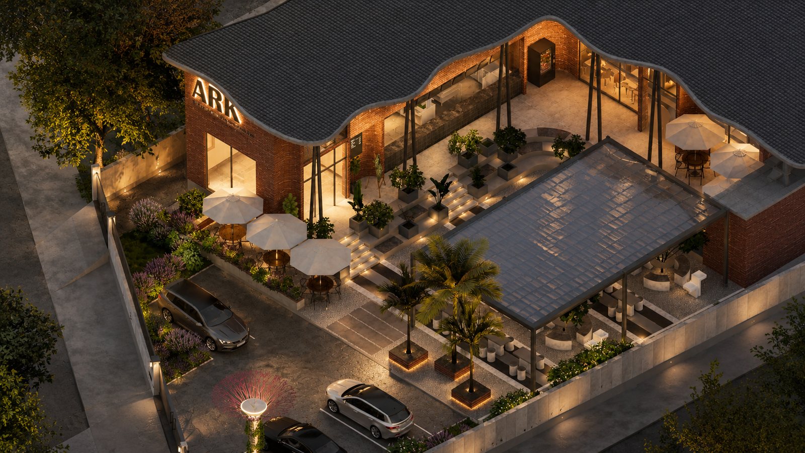 From above, the building and its planted terrace.