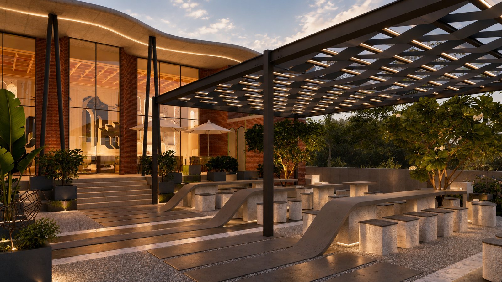 The terrace under a timber pergola.