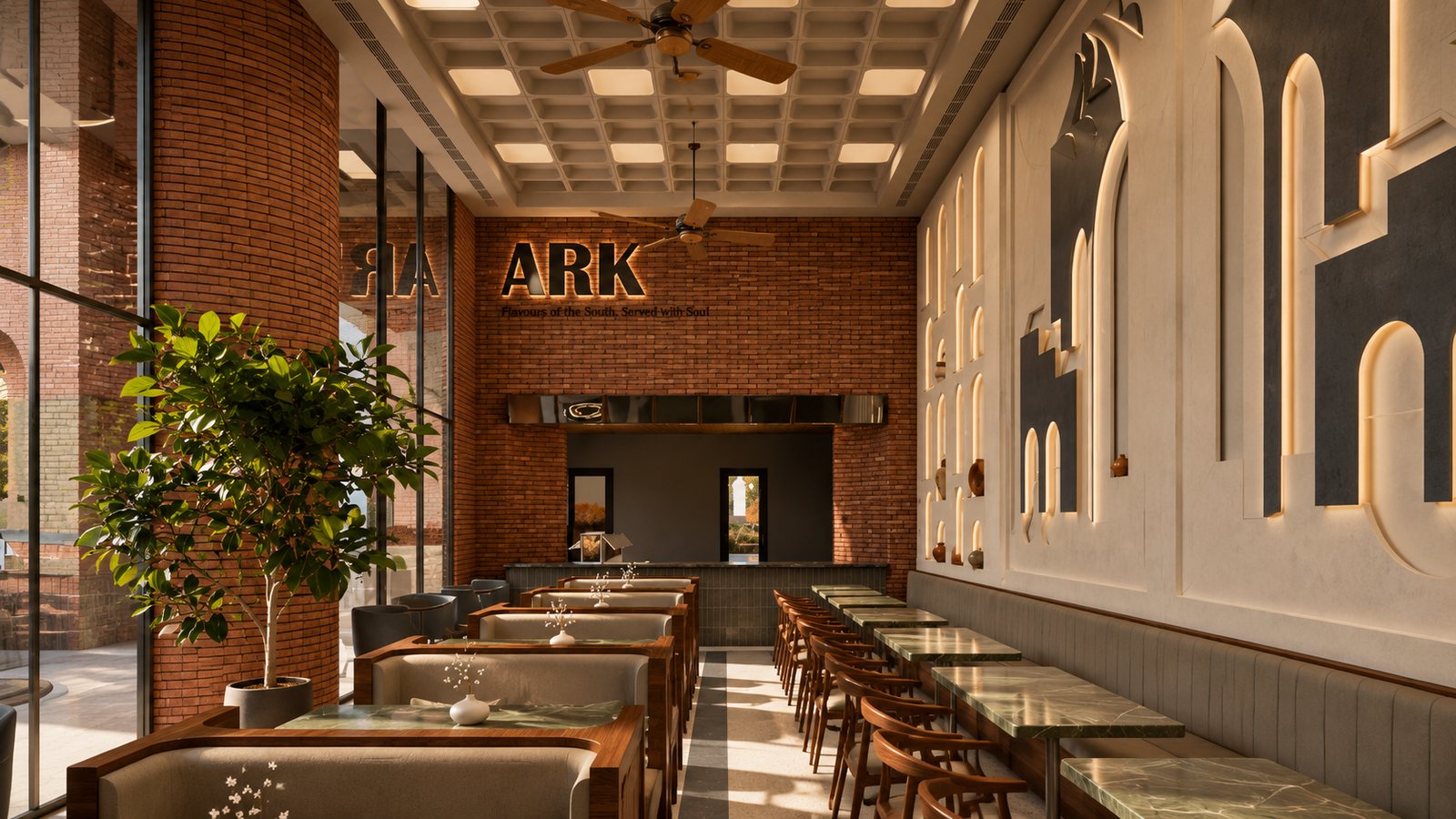 The dining hall, brick and a carved arch wall.