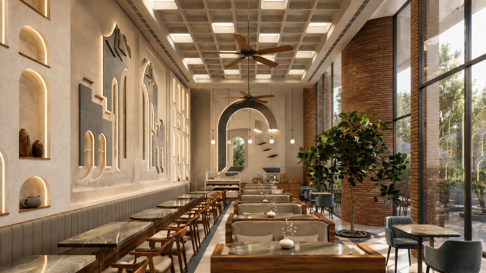 The long hall under a coffered ceiling.