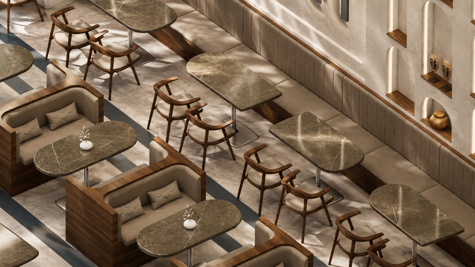 Marble tables and cane chairs in the banquette.