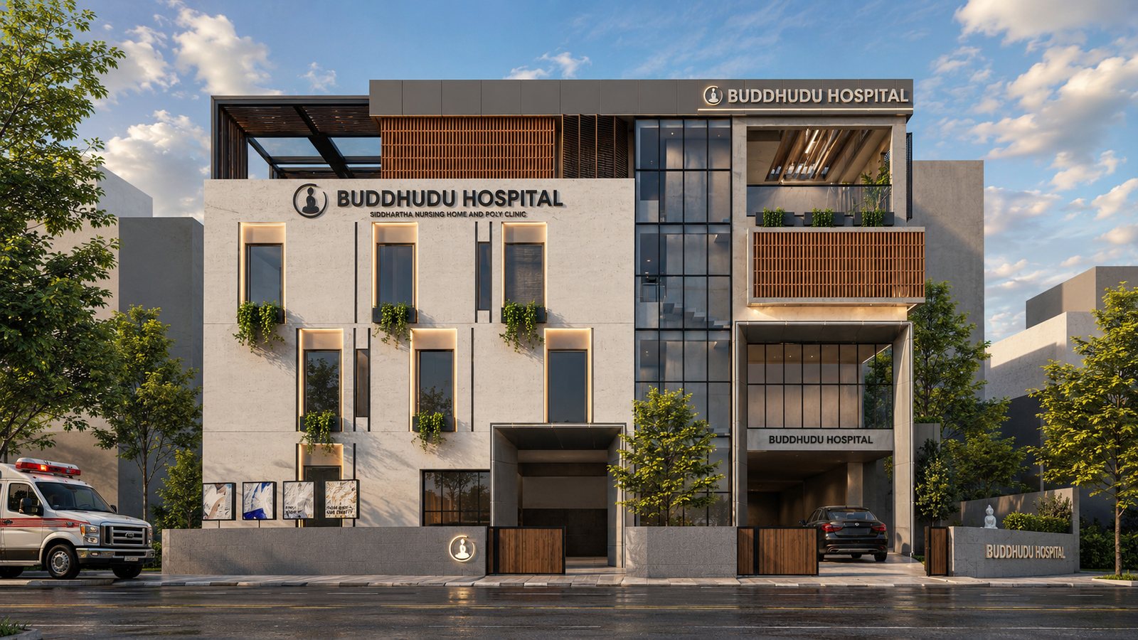 The symmetrical elevation, 'Buddhudu Hospital' at the parapet.