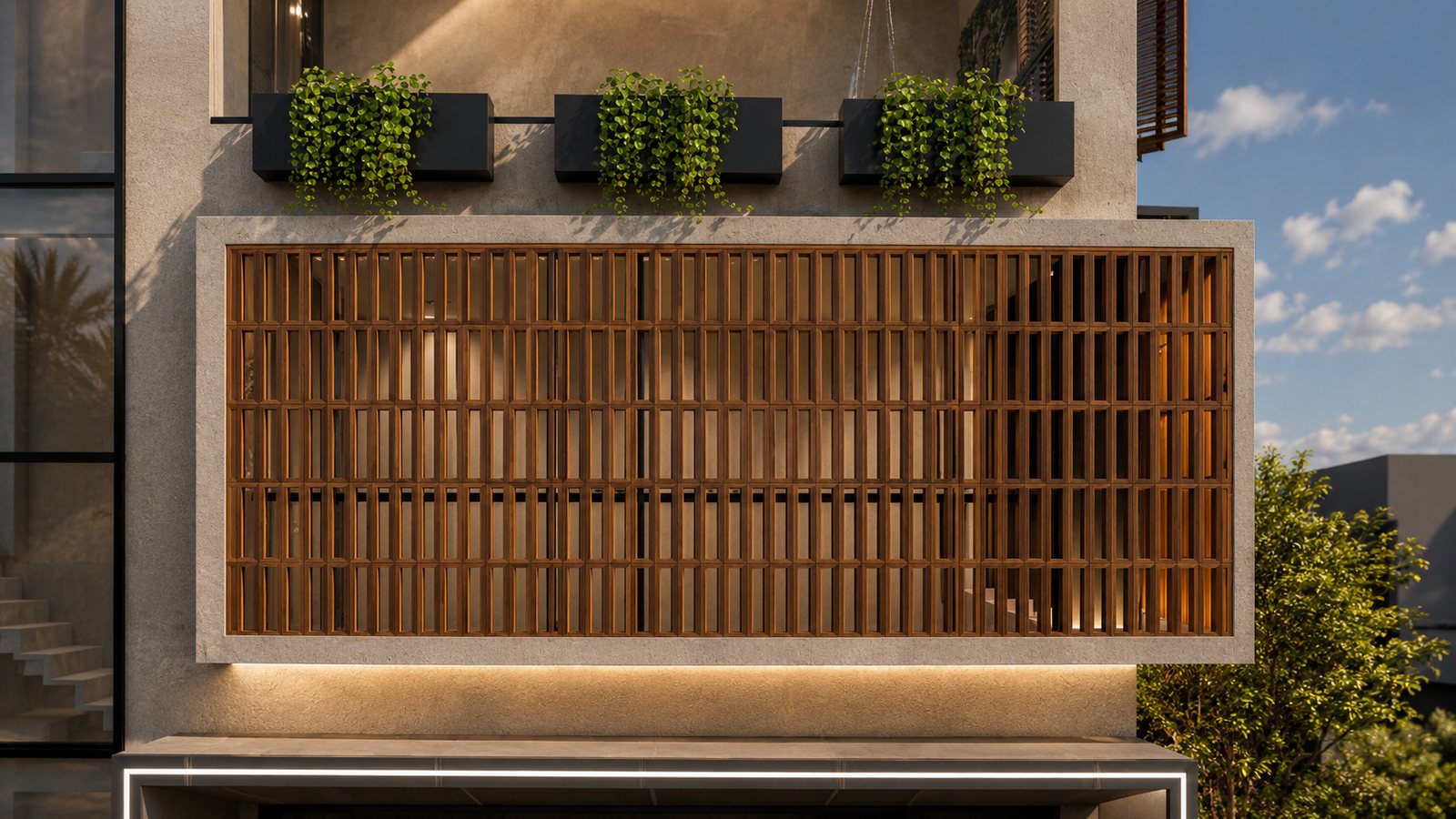 A timber louvre screen and planter boxes.