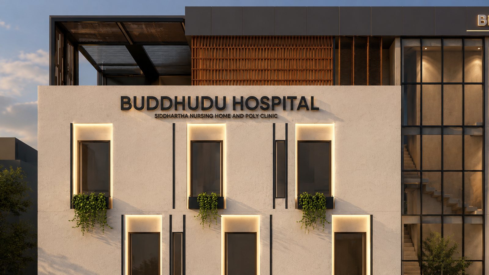 The signage wall, lit along its base.