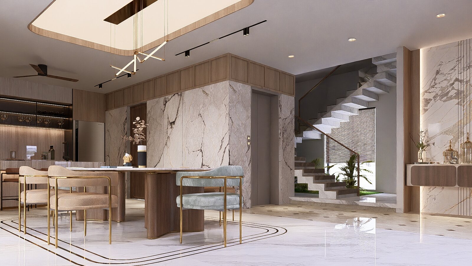 Dr. Nithin's Residence, marble and a floating stair.