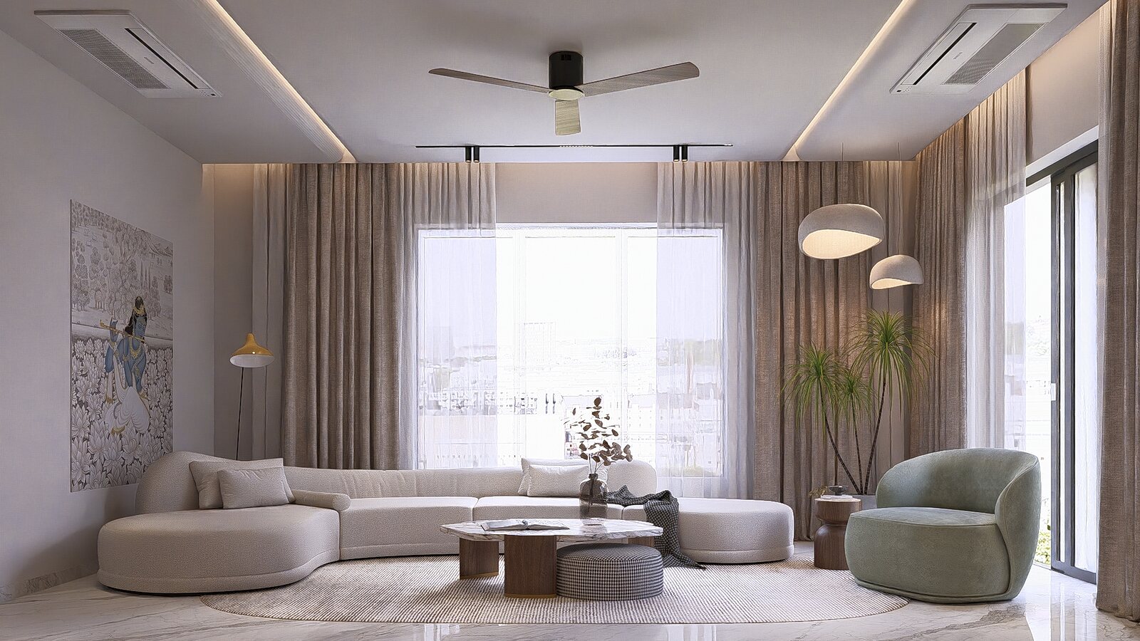 A curved sofa under a coffered ceiling, windows to the city.