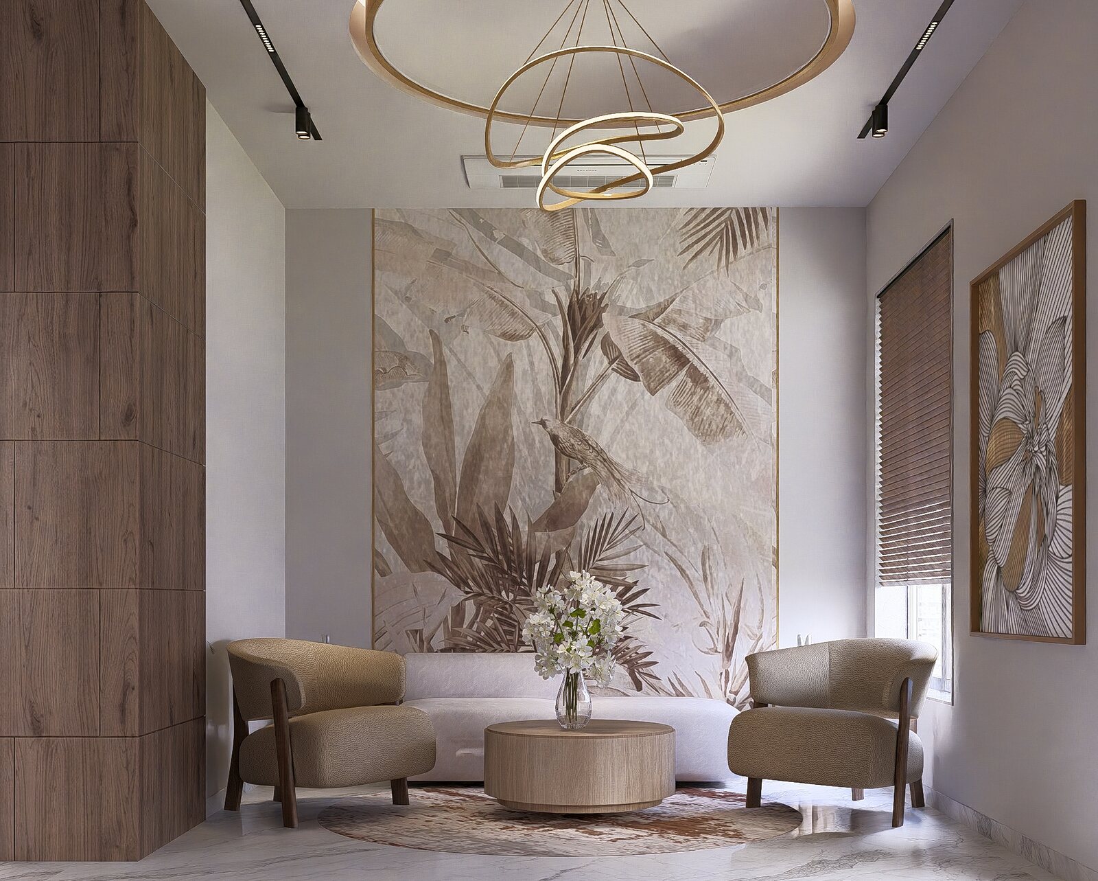 A sitting corner against a botanical mural.
