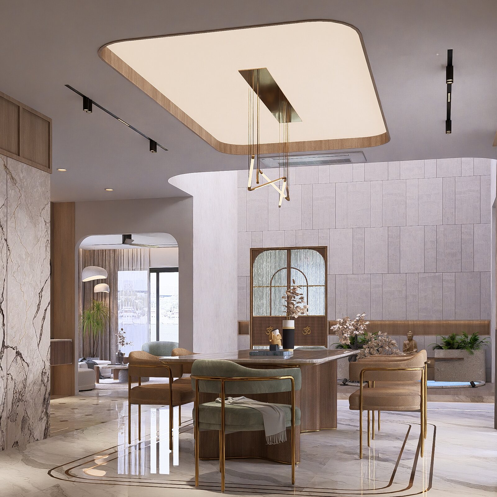 Dining beside an arched mirror, the kitchen beyond.
