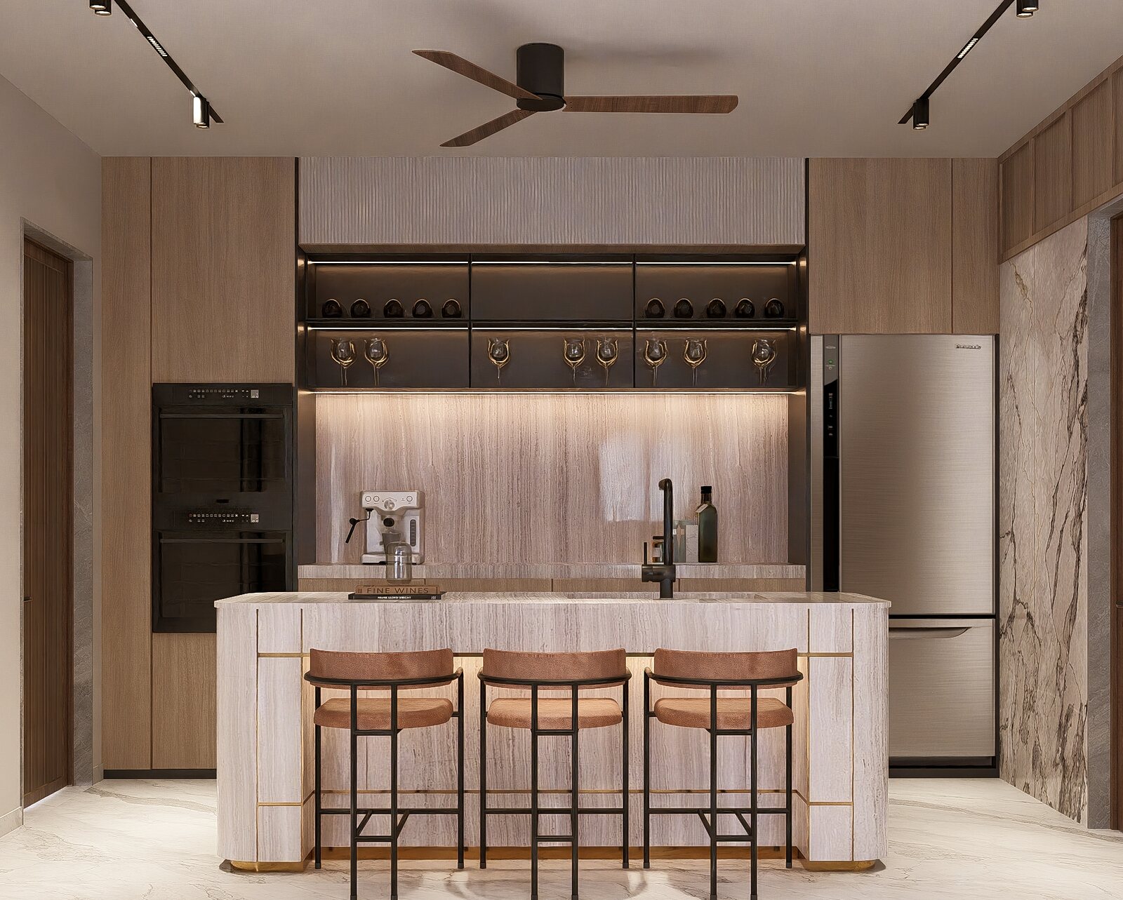 The bar and pantry in walnut, a marble island.