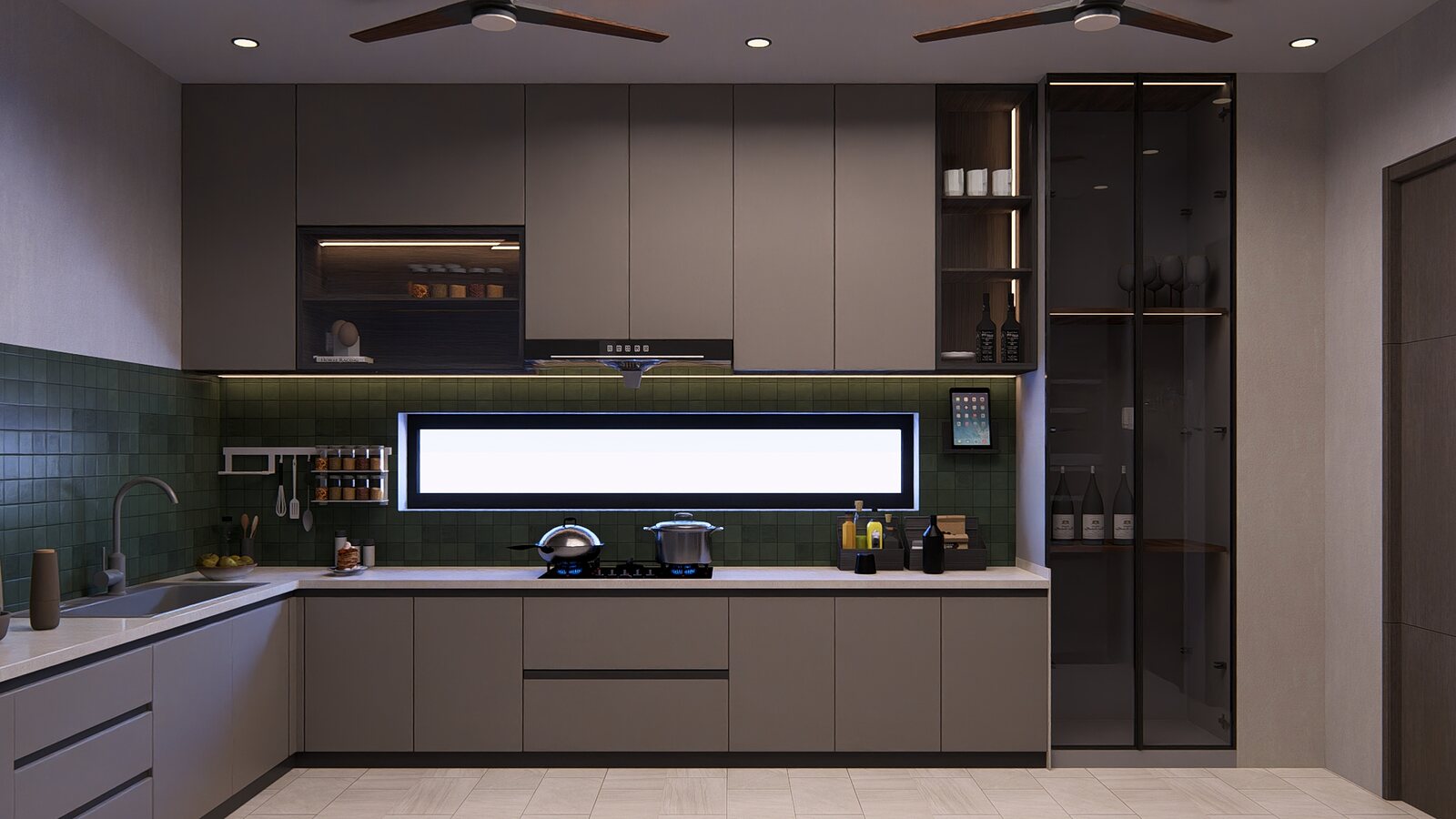 The kitchen in grey and green, a ribbon window over the counter.