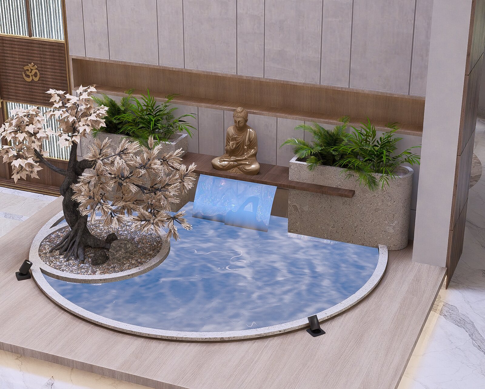 A bonsai over a still water court at the stair.