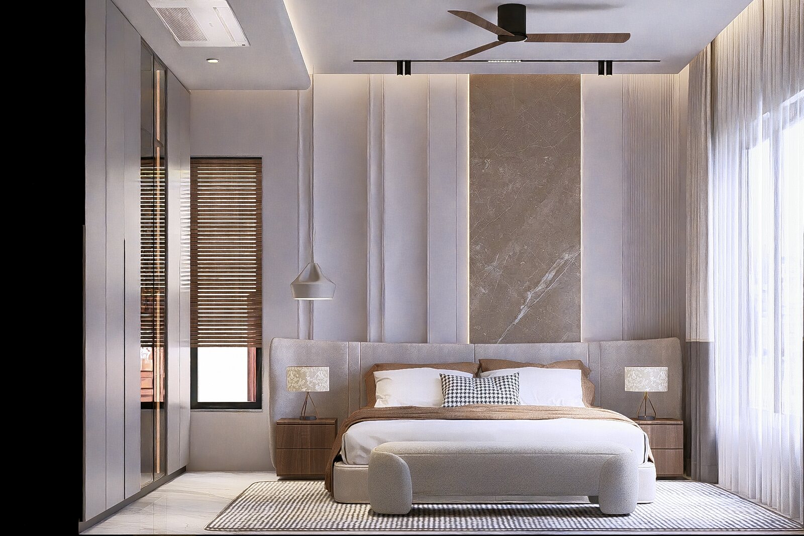 The ground-floor bedroom, a marble headboard wall.