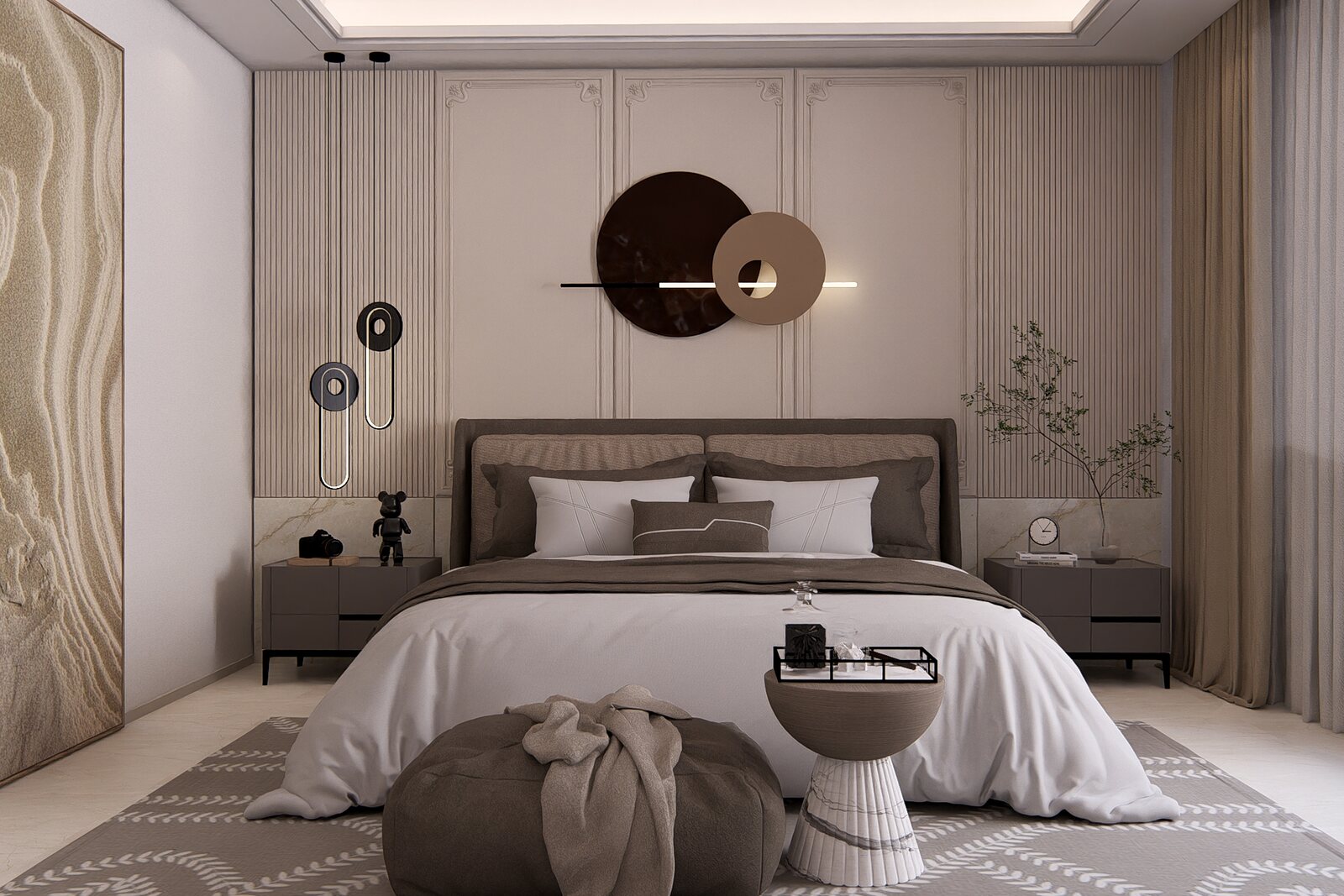 The master suite, a circular motif above the bed.