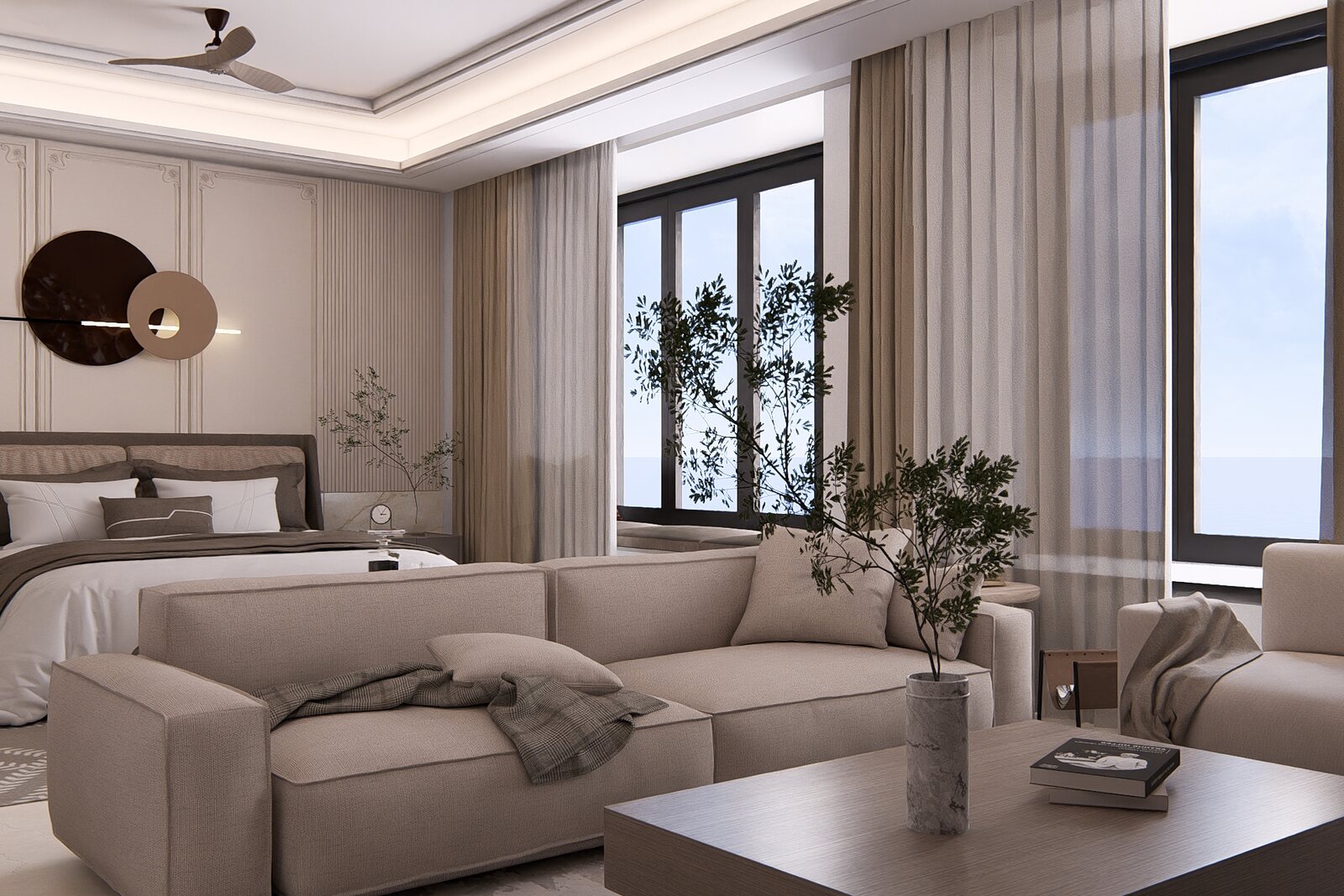 The master's lounge and long sofa by the window.