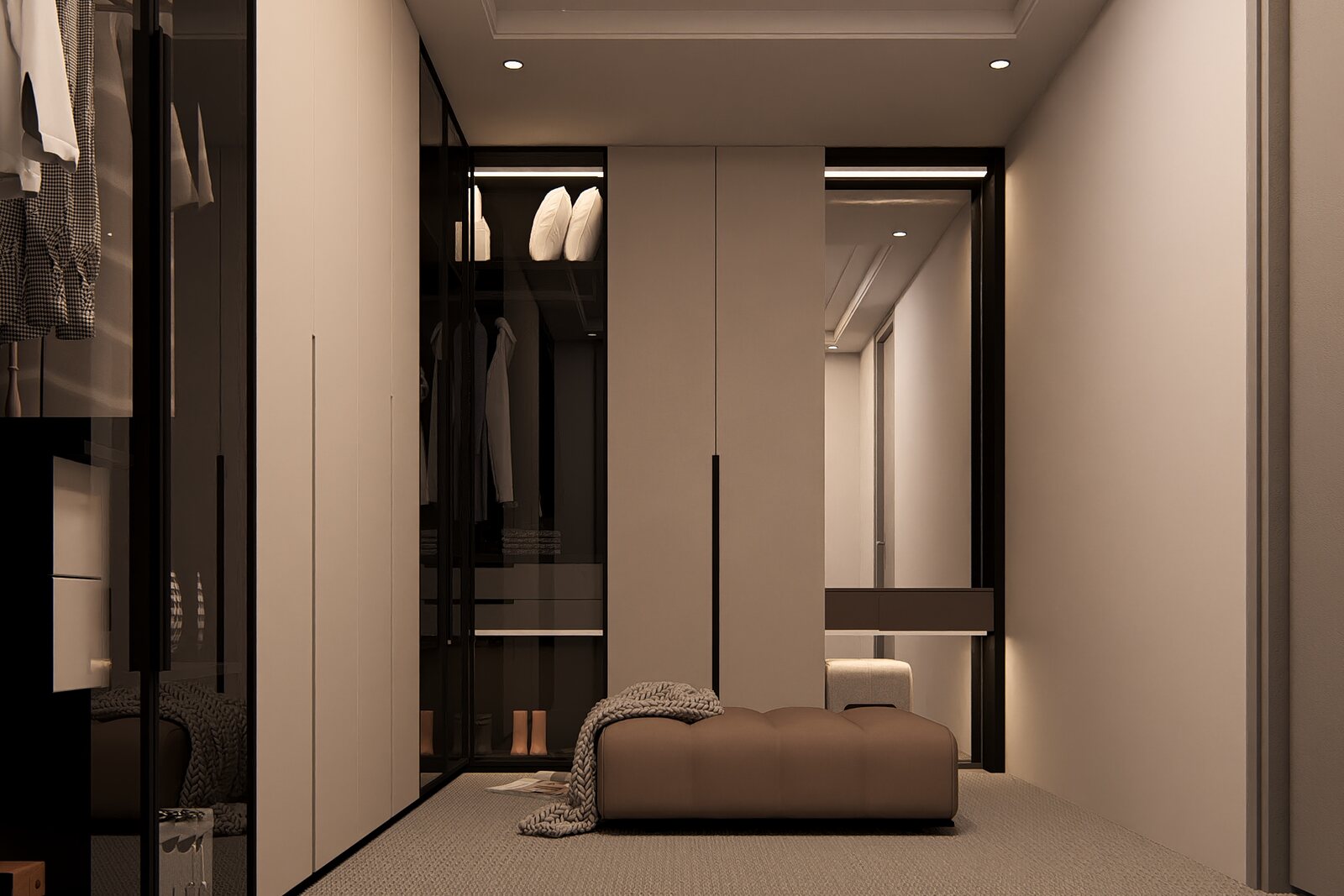 The dressing room, glass-fronted wardrobes in walnut.