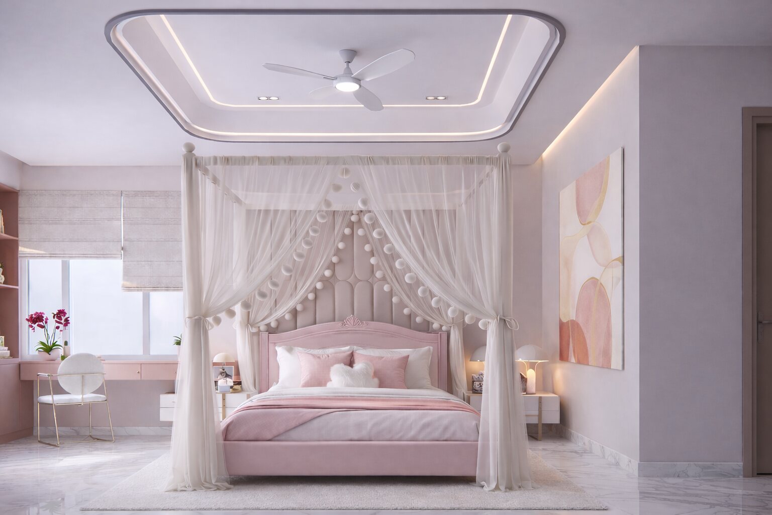 The daughter's room, a canopy bed in blush.