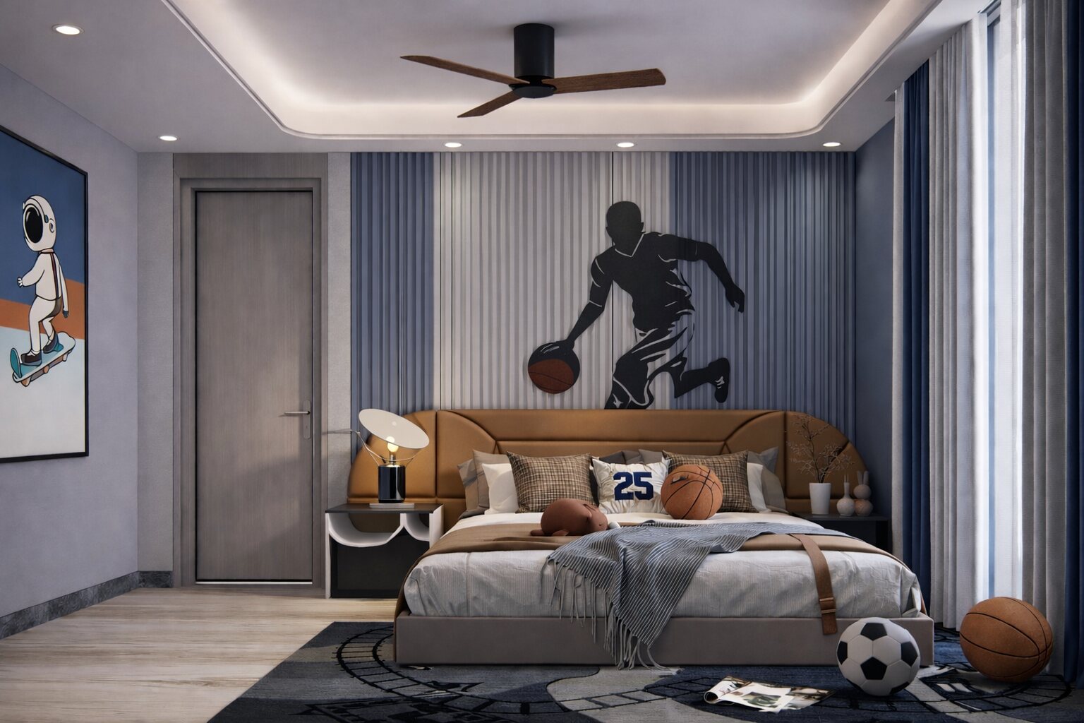 The son's room, a basketball mural over the bed.