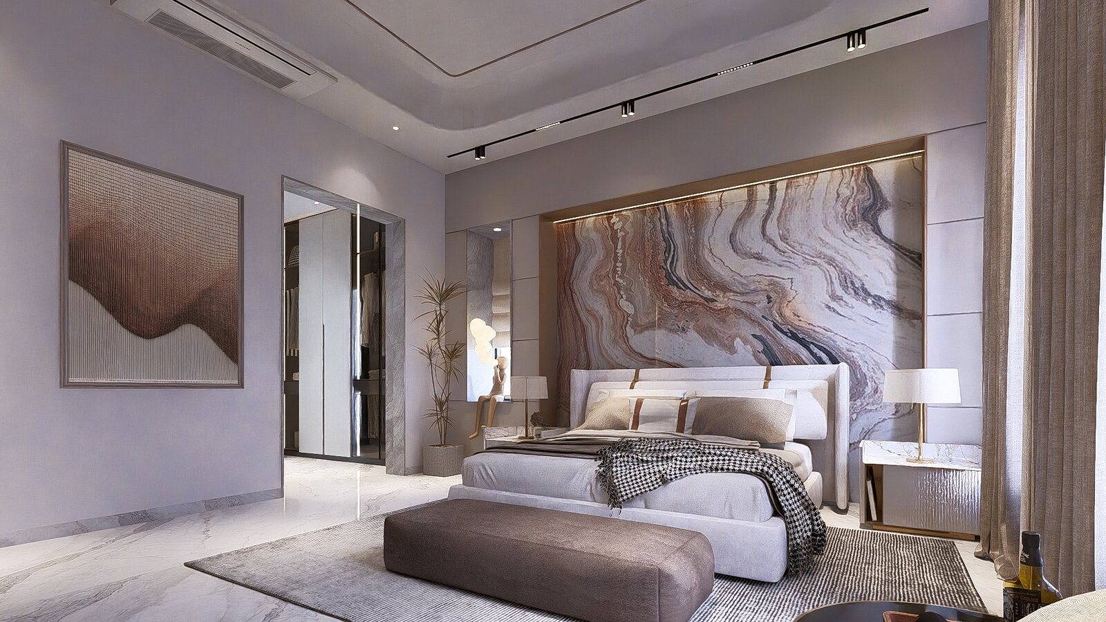The second-floor master under a marble feature wall.