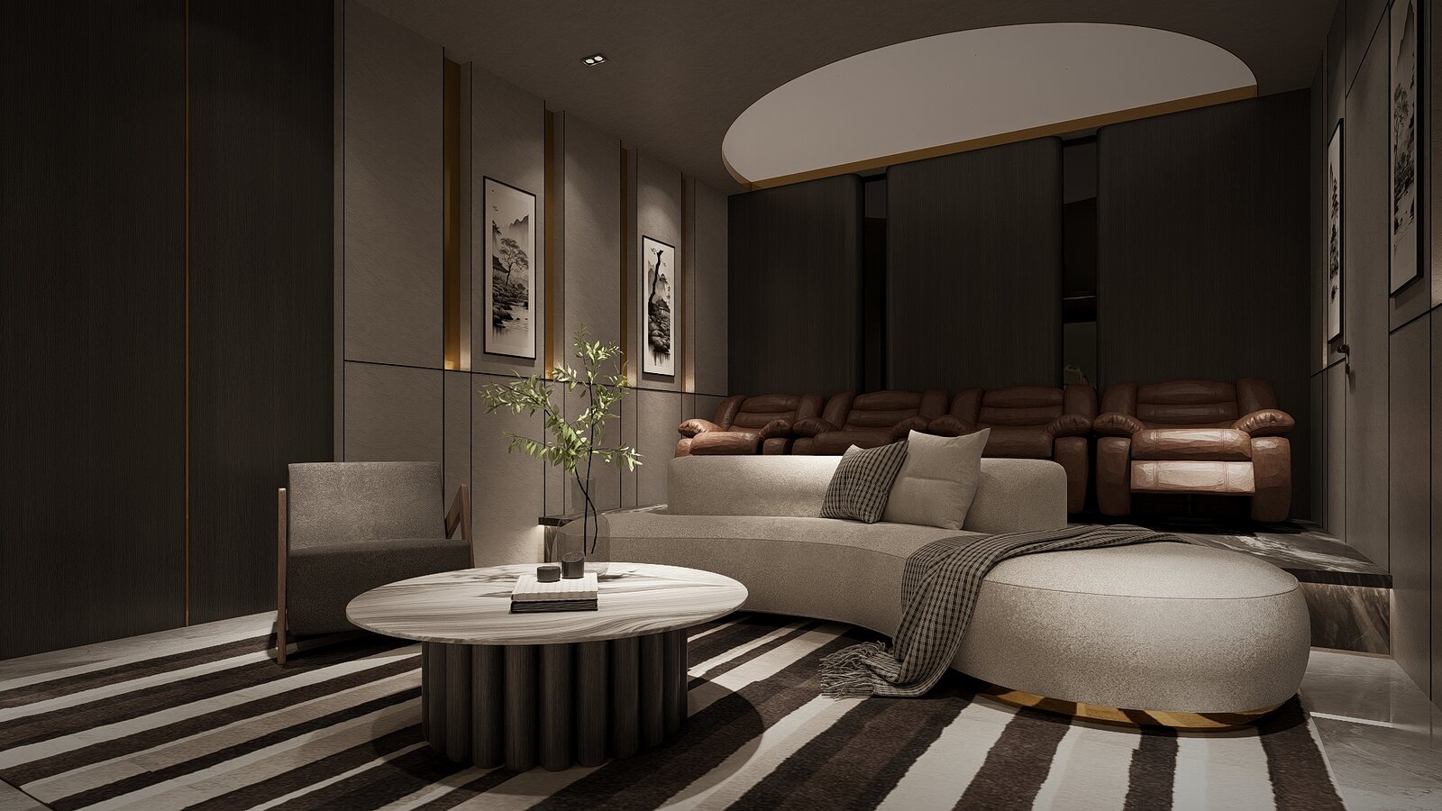 The home theatre in dark leather and stripe.