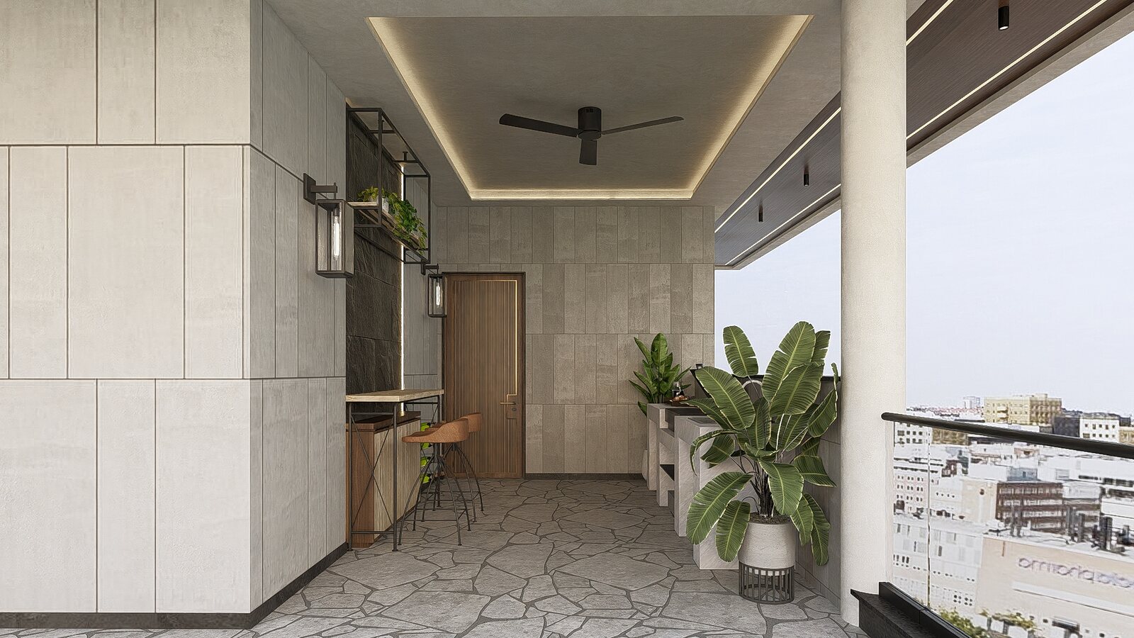 The terrace, open to the Rajahmundry skyline.