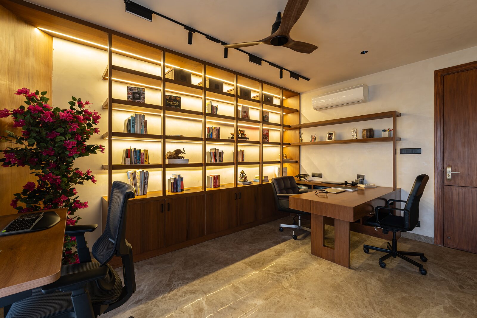 The shelves run the length of the room.