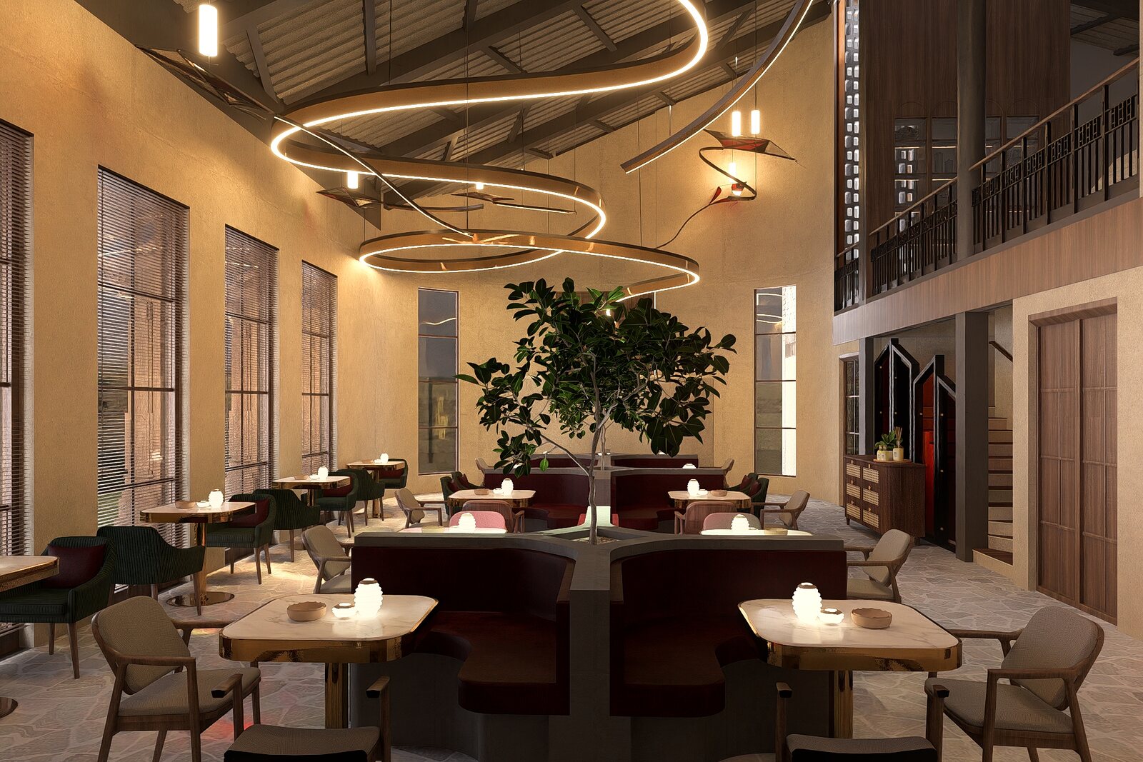 The ground floor dines under a ribbon of light.