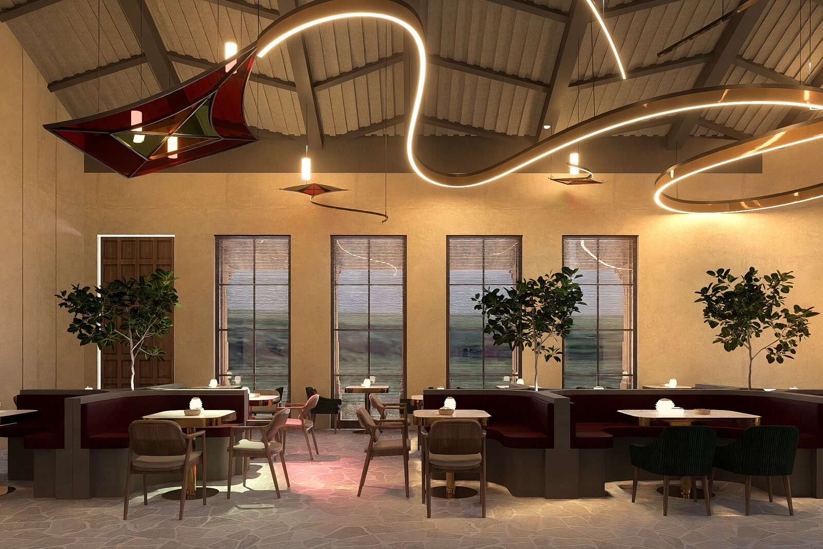 Tall windows and planting along the tables.
